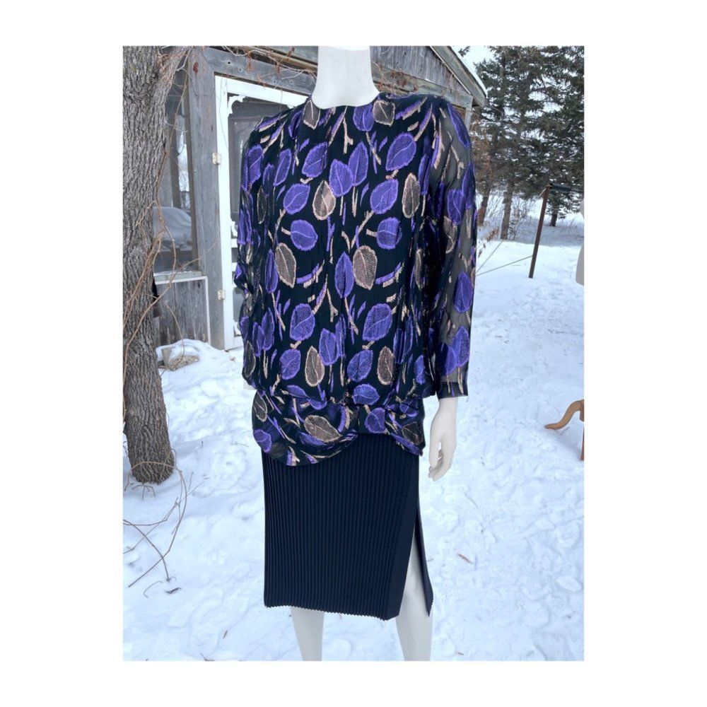 Vintage 80s Blouse Metallic Leaf Print Sheer Open Back Gathered Waist